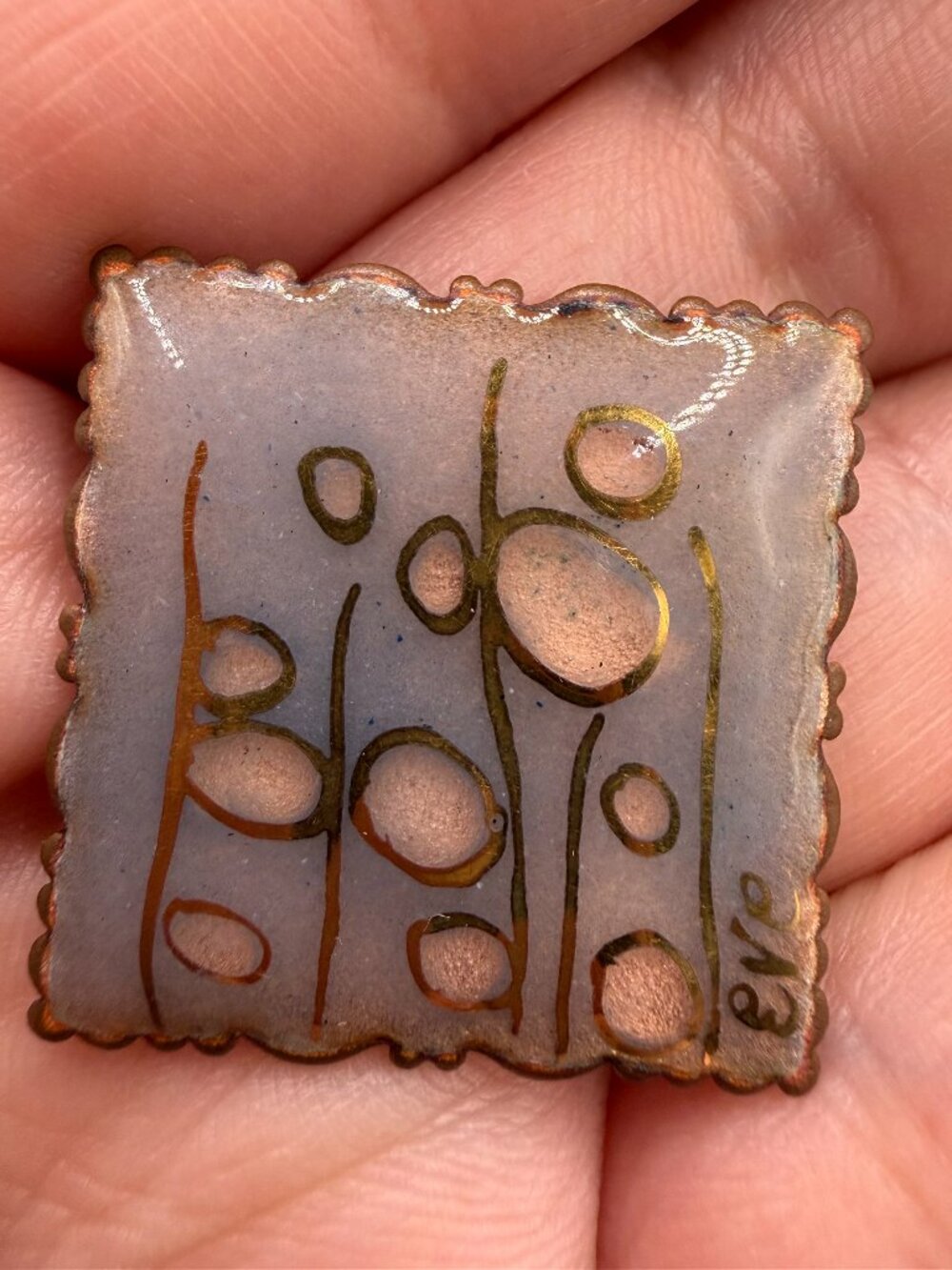 🖼️ Vintage Mid Century Signed Abstract Copper Enamel Brooch Pin: Eve Studio